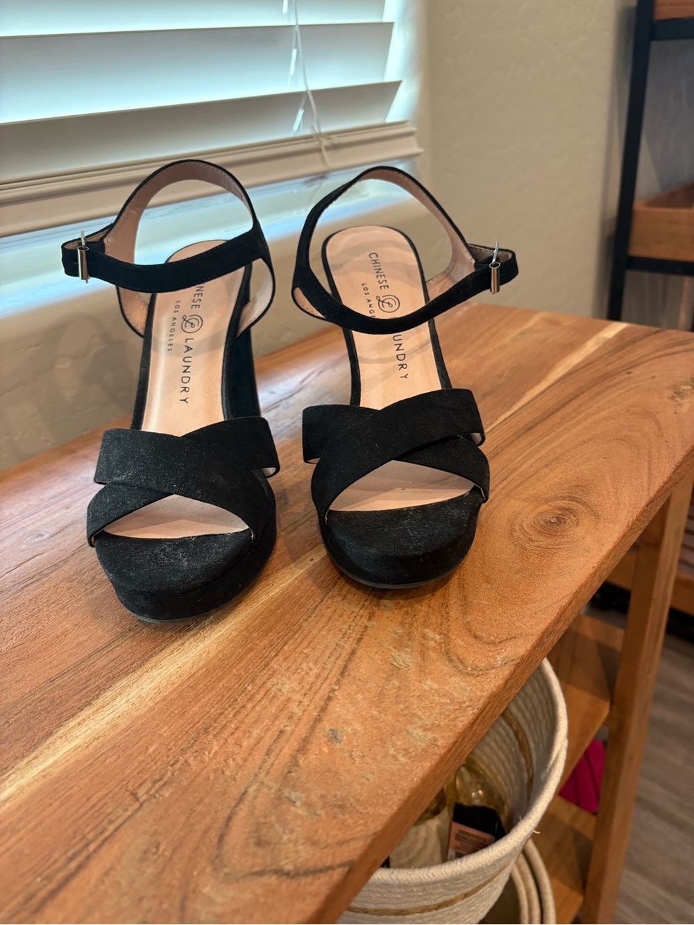 Chinese Laundry Black Crisscross Ankle-Strap Platform Heels